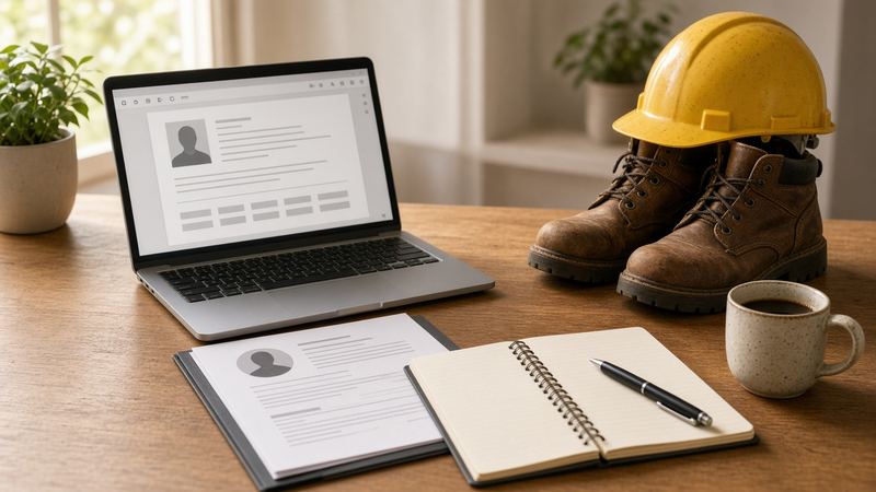 Illustrative image: a desk with a laptop, notebooks, a folder and work boots with a hard hat