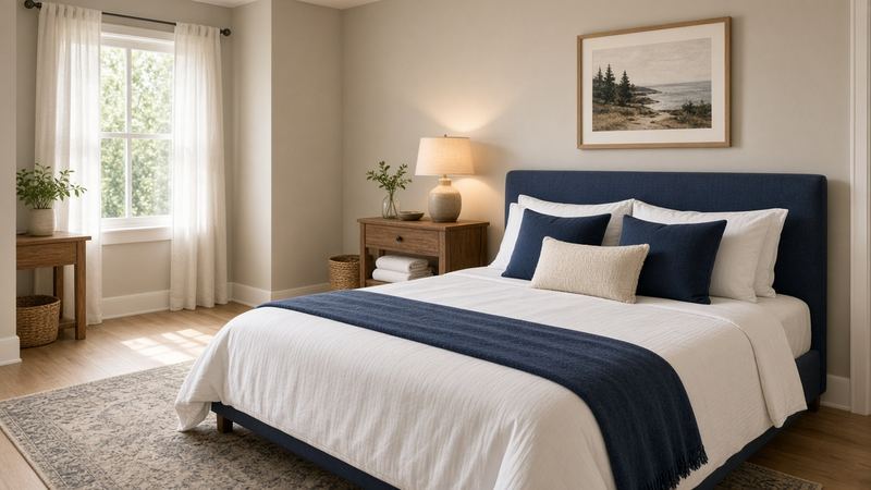 Illustrative image: a clean bedroom with a made bed, navy throw and soft daylight